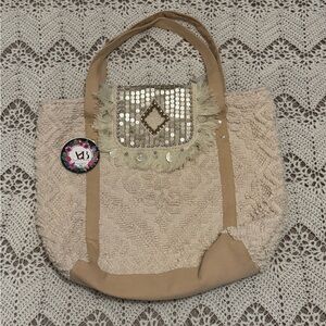 NWT Boho Bohemian Beach Tote Bag Cream Color With Sequins & Fringe Eco-Conscious